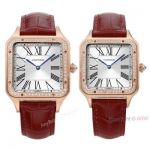 Swiss Superclone Cartier Santos-Dumont Rose Gold Couple Watch With Diamonds Bezel Brown Leather Band 